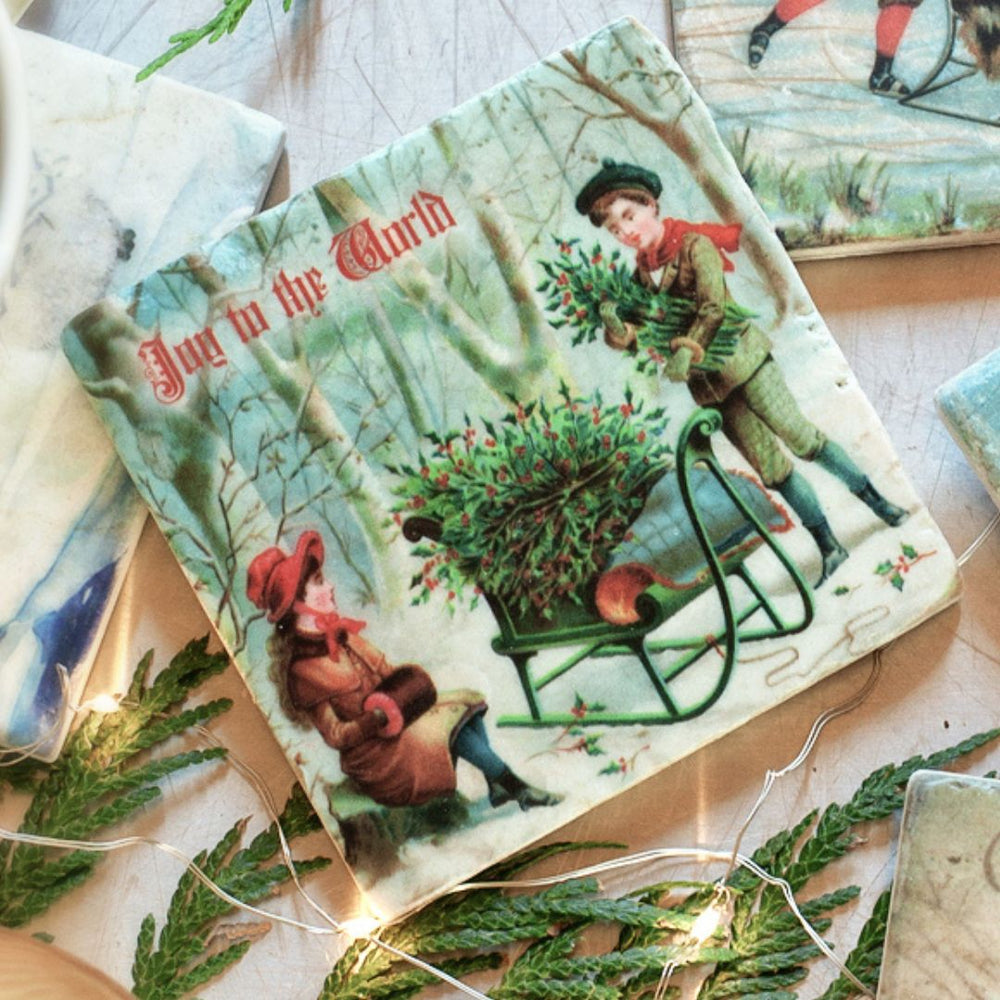 Set of Vintage Christmas Marble Coasters - Cedar Mountain Studios