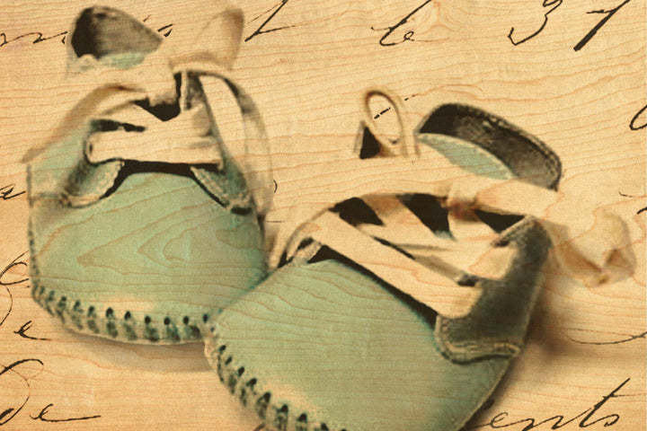 Baby Blue Shoes Wood Postcard - Cedar Mountain Studios