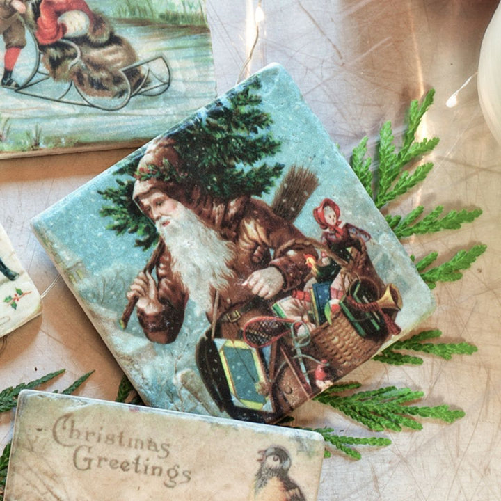 Set of Vintage Christmas Marble Coasters - Cedar Mountain Studios