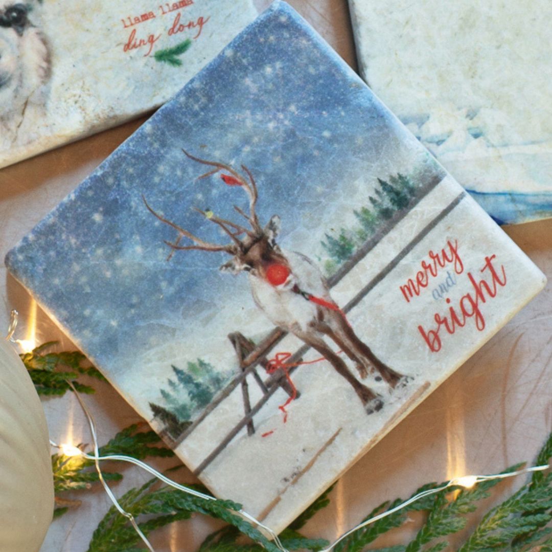 Set of Whimsical Christmas Marble Coasters - Cedar Mountain Studios